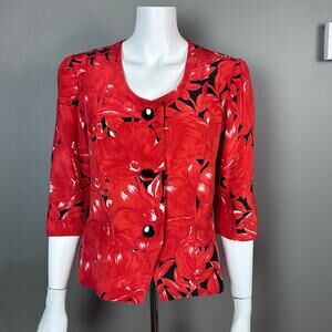 Cagli Blazer Size 4 IT 40 Red Floral Silk Italian Scoop Neck Vintage Designer